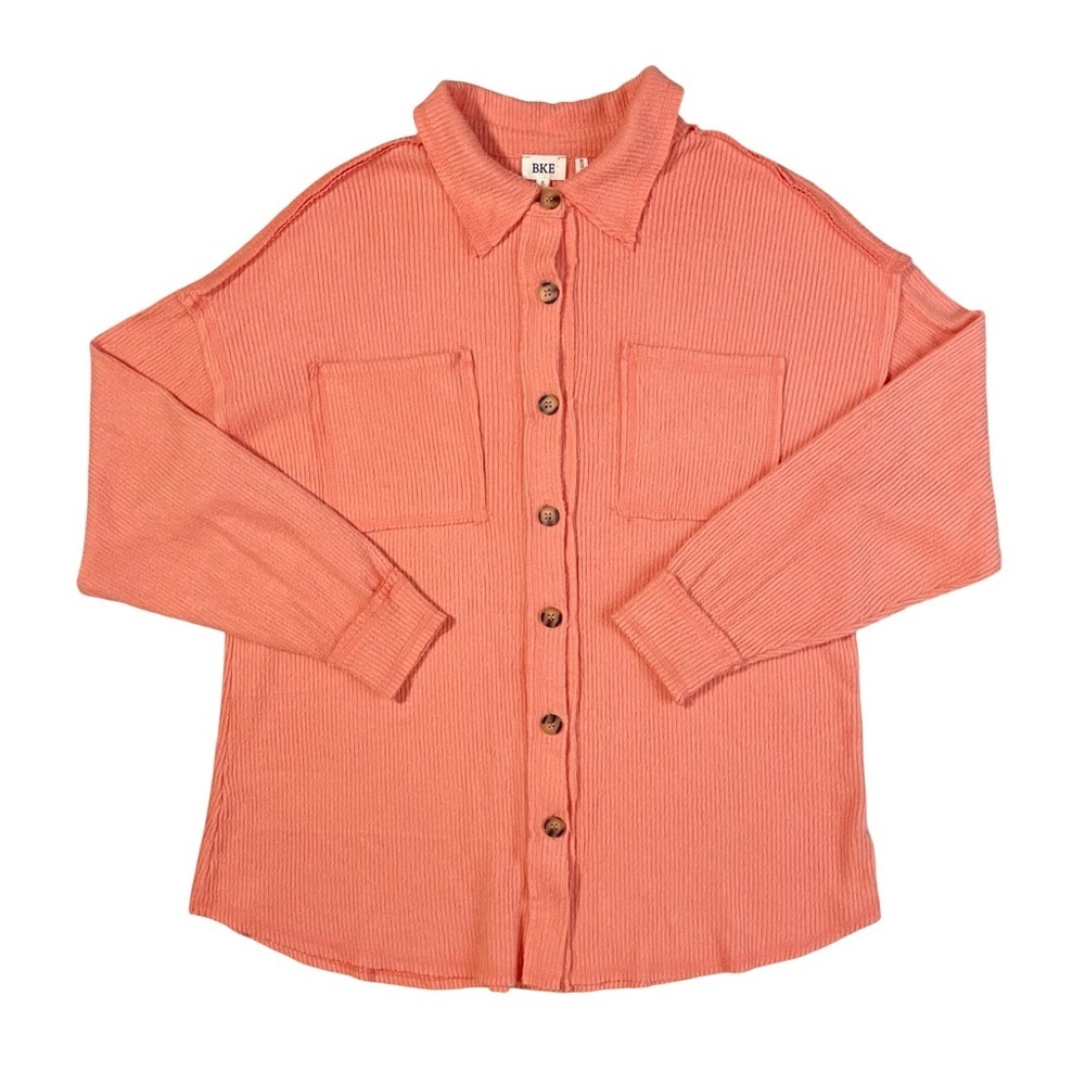 BKE Boyfriend Brushed Rib Knit Oversized Coral Button Up Shirt Small